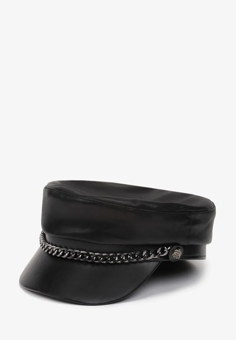 Czarna Czapka z Daszkiem Kaszkiet z Imitacji Skóry z Ozdobnym Łańcuszkiem Raraya