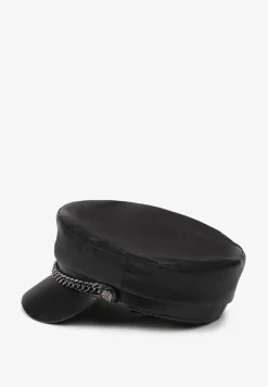 Czarna Czapka z Daszkiem Kaszkiet z Imitacji Skóry z Ozdobnym Łańcuszkiem Raraya