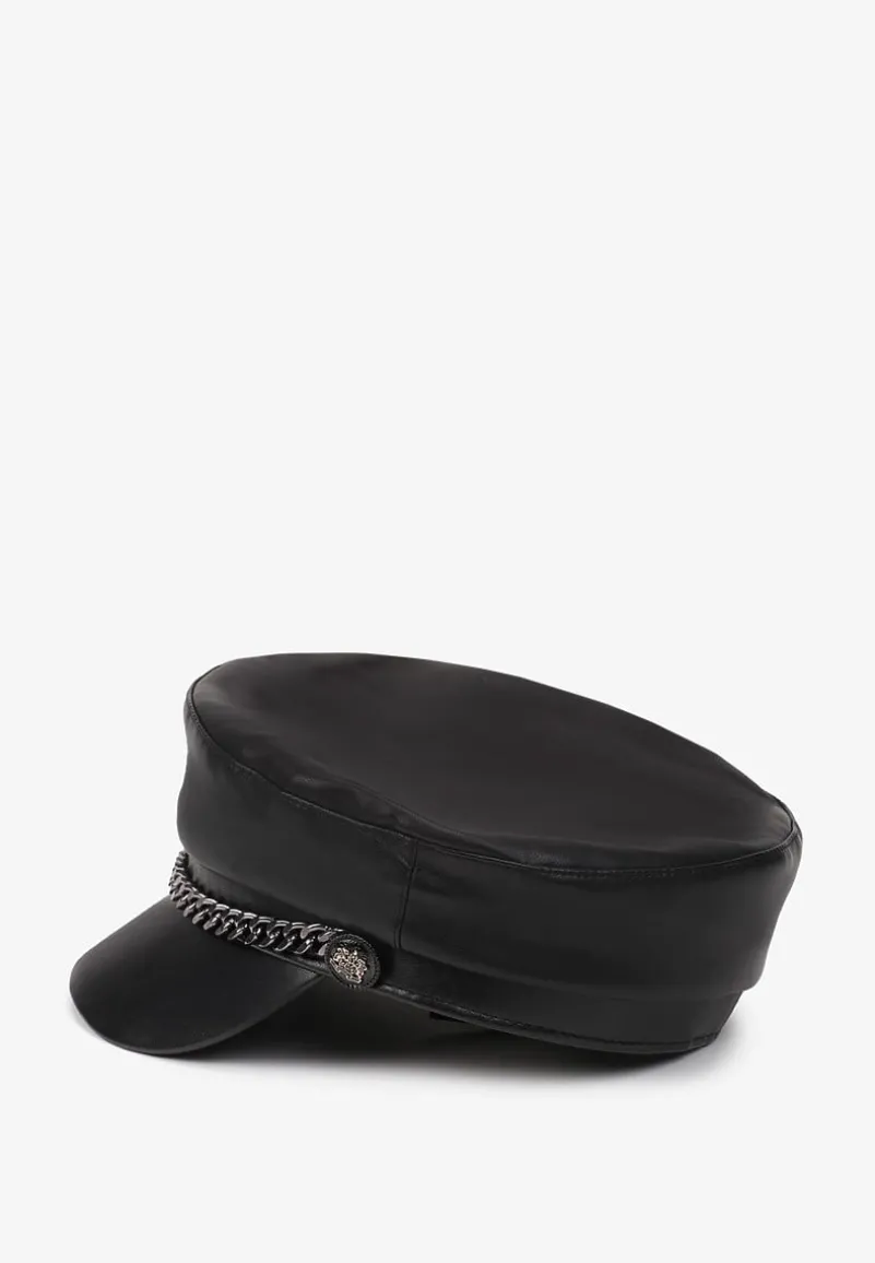 Czarna Czapka z Daszkiem Kaszkiet z Imitacji Skóry z Ozdobnym Łańcuszkiem Raraya