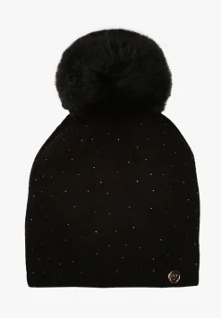 Czarna Czapka z Wiskozą z Futrzanym Pomponem i Cyrkoniowym Zdobieniem Jackitha