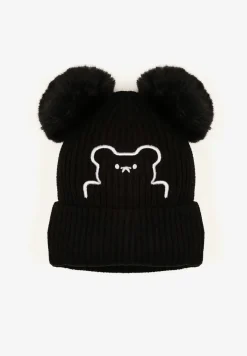 Czarna Czapka z Wywinięciem Misiem i Pomponami Nealinae