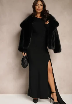 Czarna Dopasowana Sukienka z Marszczeniem Usztywnionymi Miseczkami i Rozcięciem na Nogę Remirina