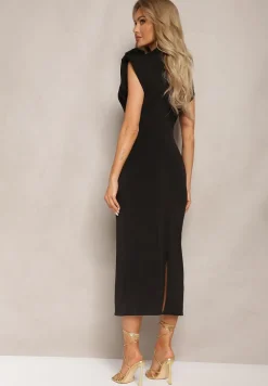 Czarna Dopasowana Sukienka Midi z Kwiatkiem w Postaci Broszki Olivetta