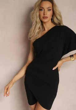 Czarna Dopasowana Sukienka na Jedno Ramię o Asymetrycznym Fasonie Isolama