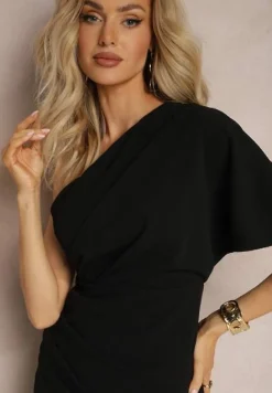 Czarna Dopasowana Sukienka na Jedno Ramię o Asymetrycznym Fasonie Isolama