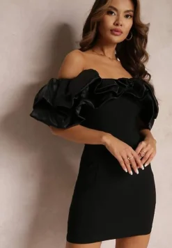 Czarna Dopasowana Sukienka Mini z Falbanami Denime