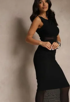 Czarna Dopasowana Sukienka Bez Rękawów z Siateczki z Wiskozą Iffaia