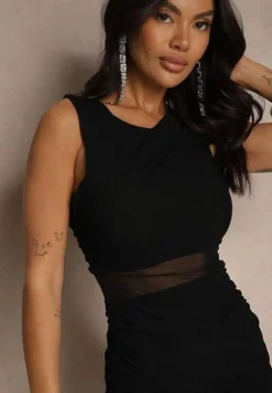 Czarna Dopasowana Sukienka Bez Rękawów z Siateczki z Wiskozą Iffaia