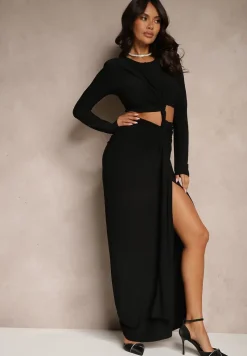 Czarna Dopasowana Sukienka z Rozcięciem z Tyłu Marszczeniem i Wycięciem w Talii Ililia