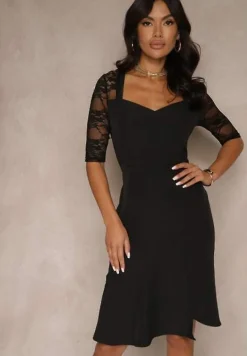 Czarna Dopasowana Sukienka Vices o Asymetrycznym Fasonie Zdobiona Koronką Natileira