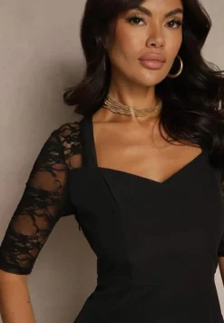 Czarna Dopasowana Sukienka Vices o Asymetrycznym Fasonie Zdobiona Koronką Natileira