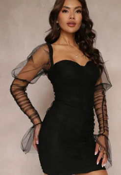 Czarna Dopasowana Sukienka z Siateczki i Marszczeniem Myajane