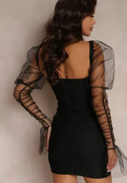 Czarna Dopasowana Sukienka z Siateczki i Marszczeniem Myajane