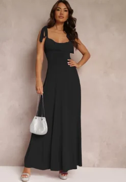 Czarna Długa Sukienka z Marszczonym Dekoltem i Wiązanymi Ramiączkami Rozvita