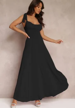 Czarna Długa Sukienka z Marszczonym Dekoltem i Wiązanymi Ramiączkami Rozvita