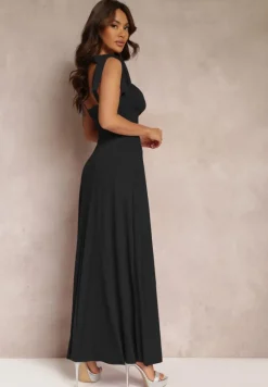 Czarna Długa Sukienka z Marszczonym Dekoltem i Wiązanymi Ramiączkami Rozvita