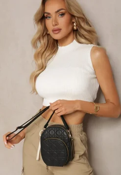 Czarna Dwukomorowa Torebka Mała z Ozdobnym Pikowaniem Na Ramię Fujina