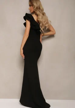 Czarna Elegancka Asymetryczna Sukienka Zakładana przez Głowę z Falbanką i Rozcięciem Adnelia