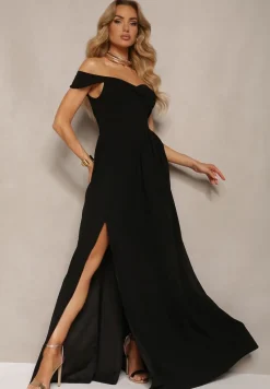 Czarna Elegancka Długa Sukienka Hiszpanka Wykończona Rozcięciem na Dole Idelia