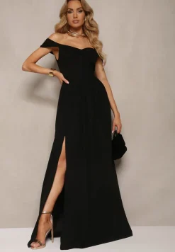 Czarna Elegancka Długa Sukienka Hiszpanka Wykończona Rozcięciem na Dole Idelia