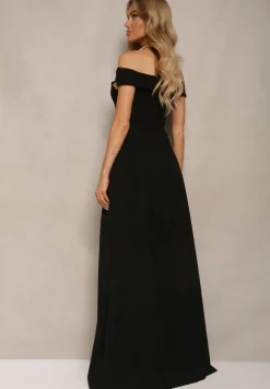 Czarna Elegancka Długa Sukienka Hiszpanka Wykończona Rozcięciem na Dole Idelia