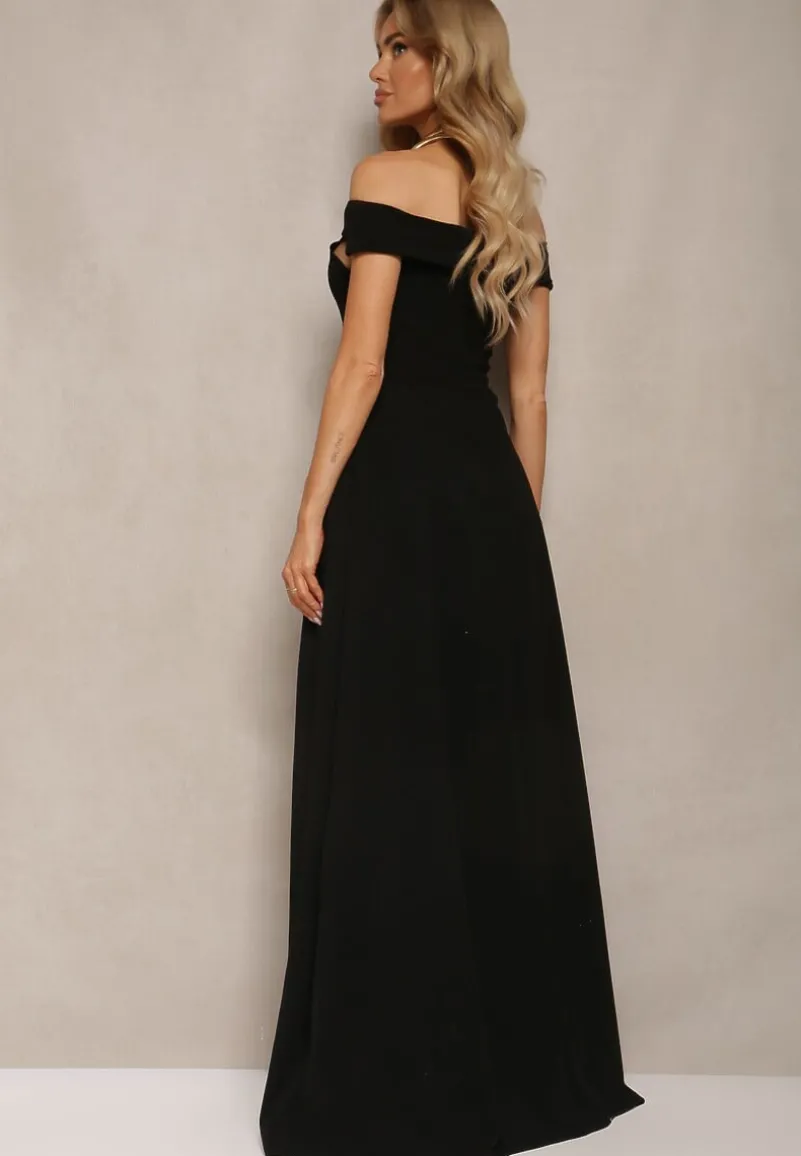 Czarna Elegancka Długa Sukienka Hiszpanka Wykończona Rozcięciem na Dole Idelia