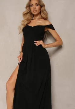 Czarna Elegancka Długa Sukienka Hiszpanka Wykończona Rozcięciem na Dole Idelia