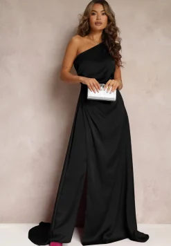 Czarna Elegancka Sukienka na Jedno Ramię o Asymetrycznym Fasonie Leylane