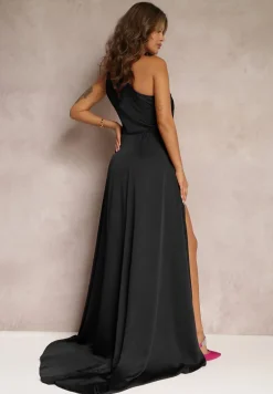 Czarna Elegancka Sukienka na Jedno Ramię o Asymetrycznym Fasonie Leylane
