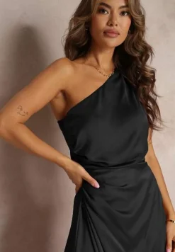 Czarna Elegancka Sukienka na Jedno Ramię o Asymetrycznym Fasonie Leylane