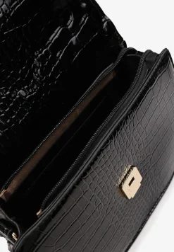 Czarna Jednokomorowa Torebka z Pikowaniem i Lakierowaną Imitacją Skóry Węża Maridi