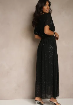 Czarna Koktajlowa Brokatowa Sukienka z Paskiem Addlea