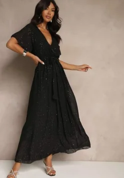 Czarna Koktajlowa Brokatowa Sukienka z Paskiem Addlea