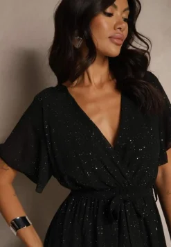 Czarna Koktajlowa Brokatowa Sukienka z Paskiem Addlea