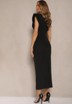Czarna Koktajlowa Sukienka z Usztywnioną Linią Ramion Galesella