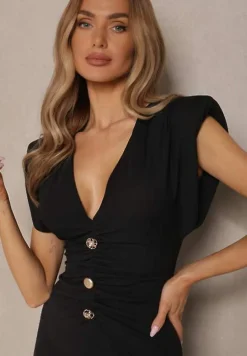 Czarna Koktajlowa Sukienka z Usztywnioną Linią Ramion Galesella