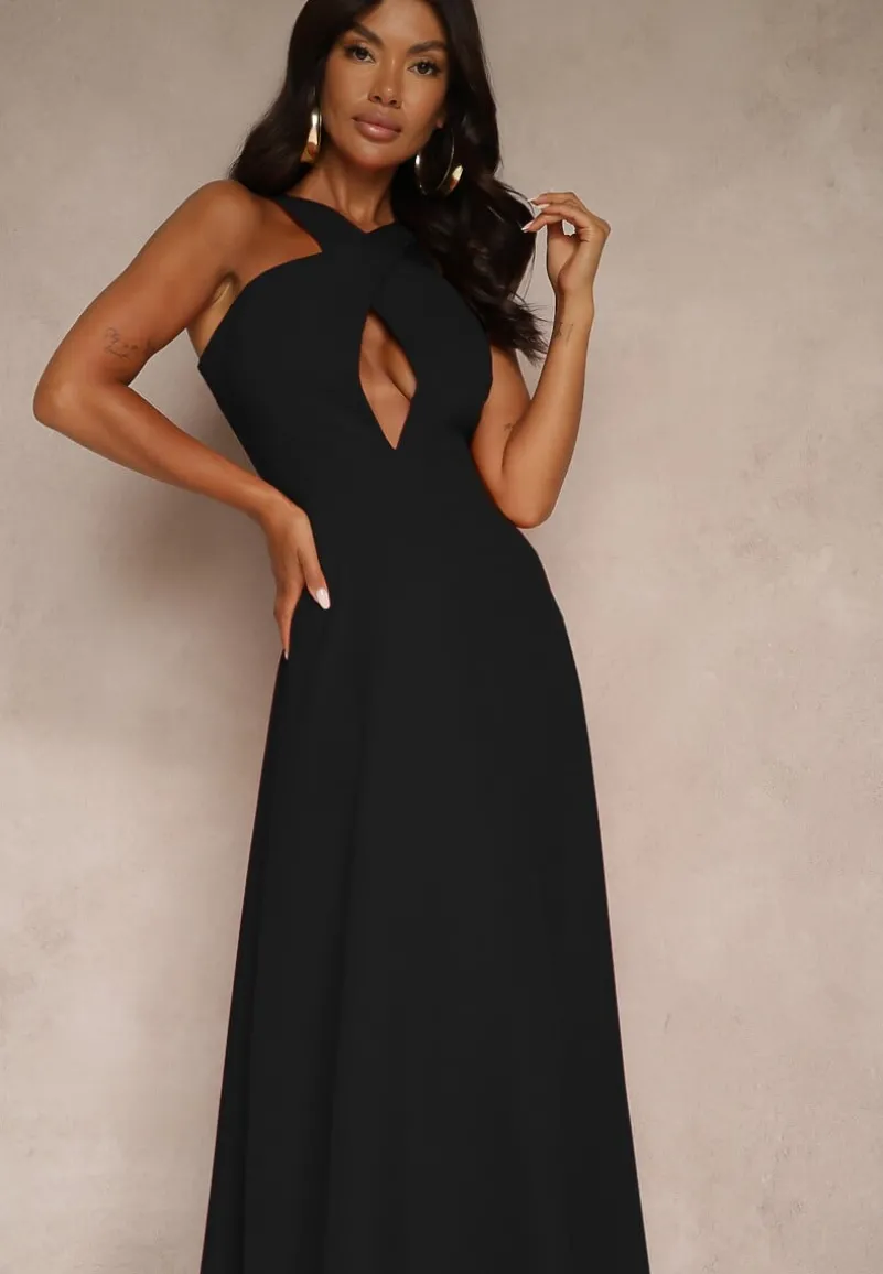 Czarna Koktajlowa Sukienka z Wiskozą i Dekoltem Halter Dolmanna