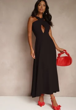 Czarna Koktajlowa Sukienka z Wiskozą i Dekoltem Halter Dolmanna