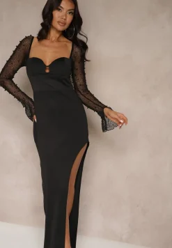 Czarna Koktajlowa Sukienka z Perełkami na Siateczkowych Rękawach Inarette