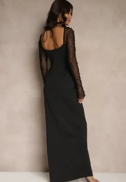 Czarna Koktajlowa Sukienka z Perełkami na Siateczkowych Rękawach Inarette