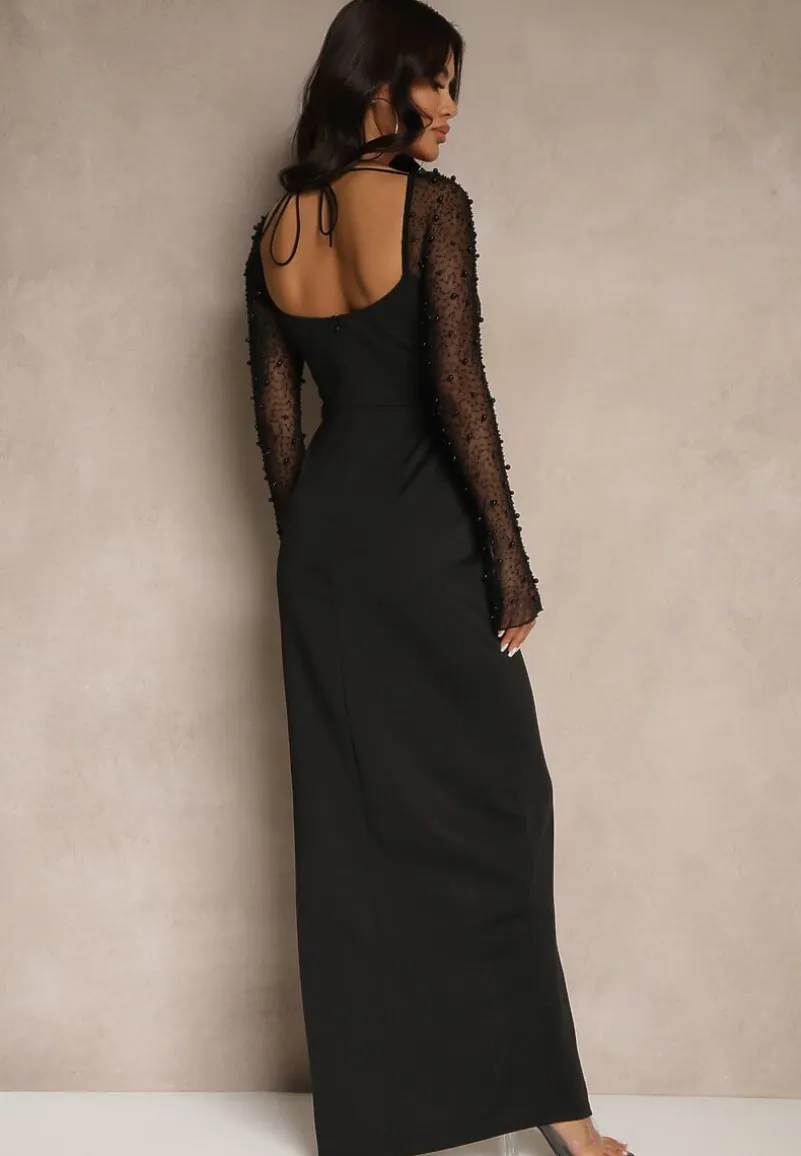 Czarna Koktajlowa Sukienka z Perełkami na Siateczkowych Rękawach Inarette