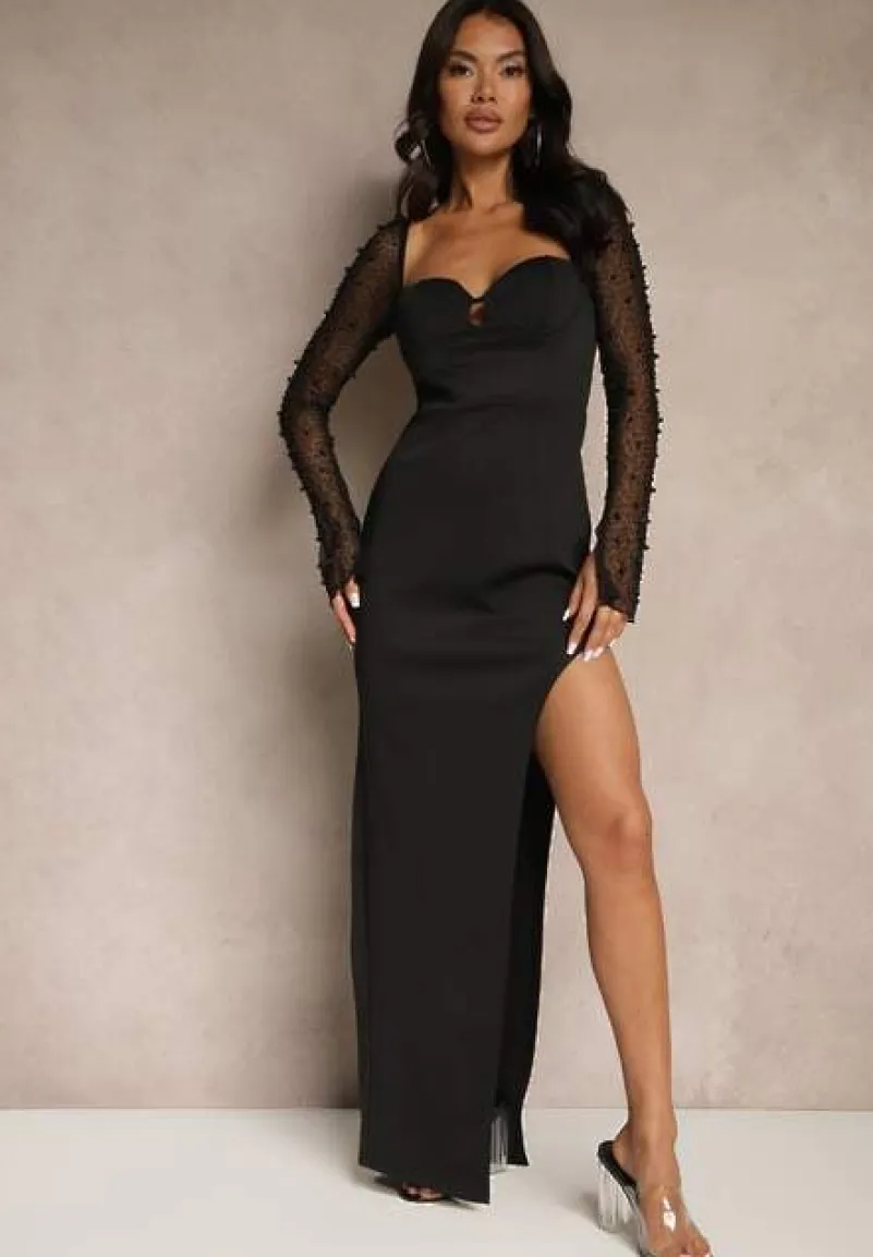 Czarna Koktajlowa Sukienka z Perełkami na Siateczkowych Rękawach Inarette