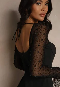 Czarna Koktajlowa Sukienka z Perełkami na Siateczkowych Rękawach Inarette