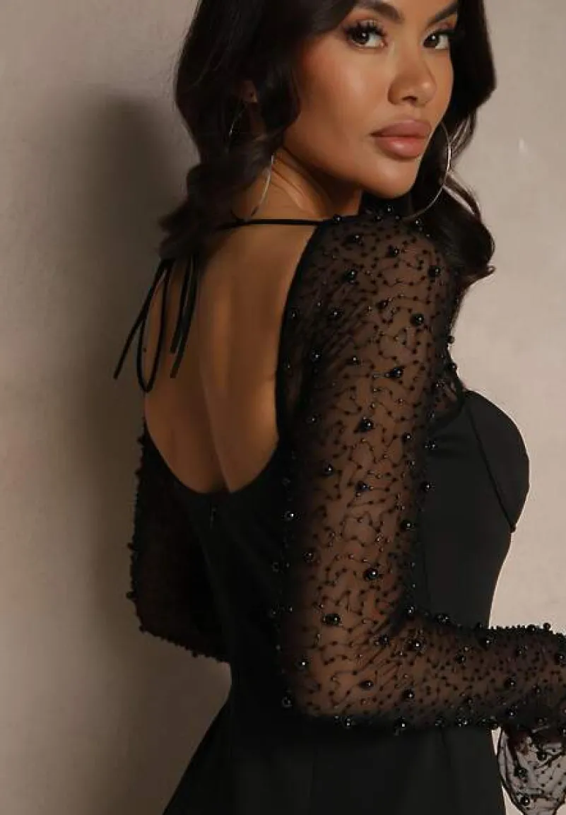 Czarna Koktajlowa Sukienka z Perełkami na Siateczkowych Rękawach Inarette