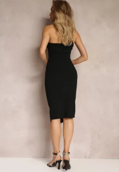 Czarna Koktajlowa Sukienka Midi na Jedno Ramię z Rozcięciem Acatana