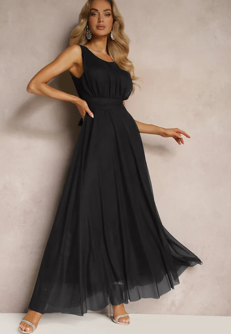 Czarna Koktajlowa Sukienka z Tiulowym Dołem Bez Rękawów Elastar