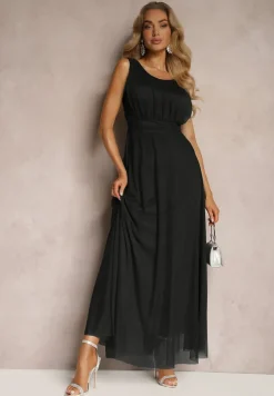 Czarna Koktajlowa Sukienka z Tiulowym Dołem Bez Rękawów Elastar