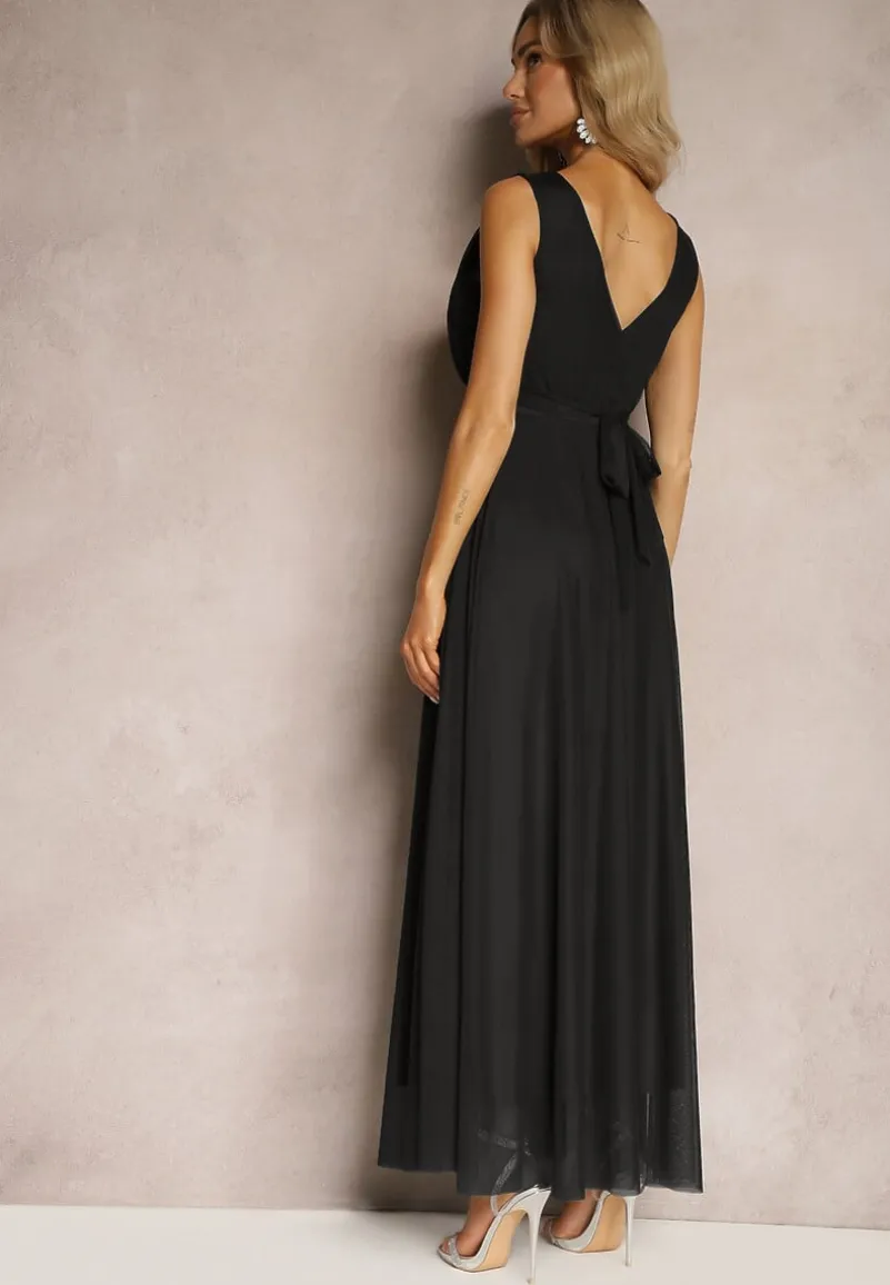 Czarna Koktajlowa Sukienka z Tiulowym Dołem Bez Rękawów Elastar