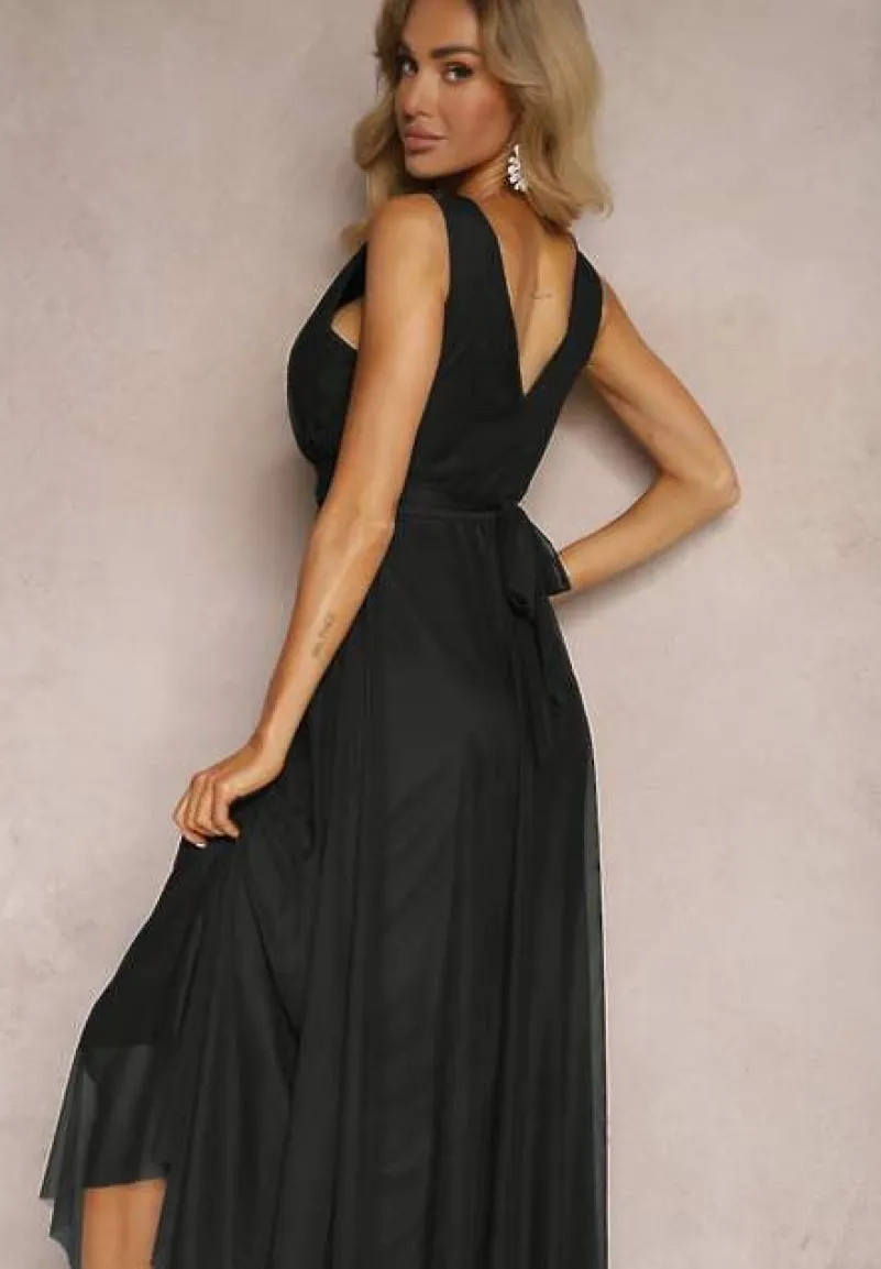 Czarna Koktajlowa Sukienka z Tiulowym Dołem Bez Rękawów Elastar