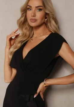 Czarna Kopertowa Sukienka z Falbankami i Głębokim Dekoltem Vicilla